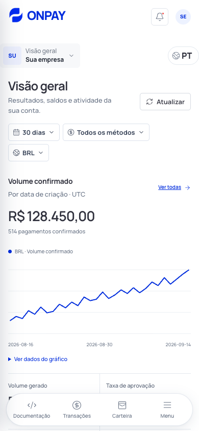 Captura real do dashboard do cliente em mobile, com dados demonstrativos