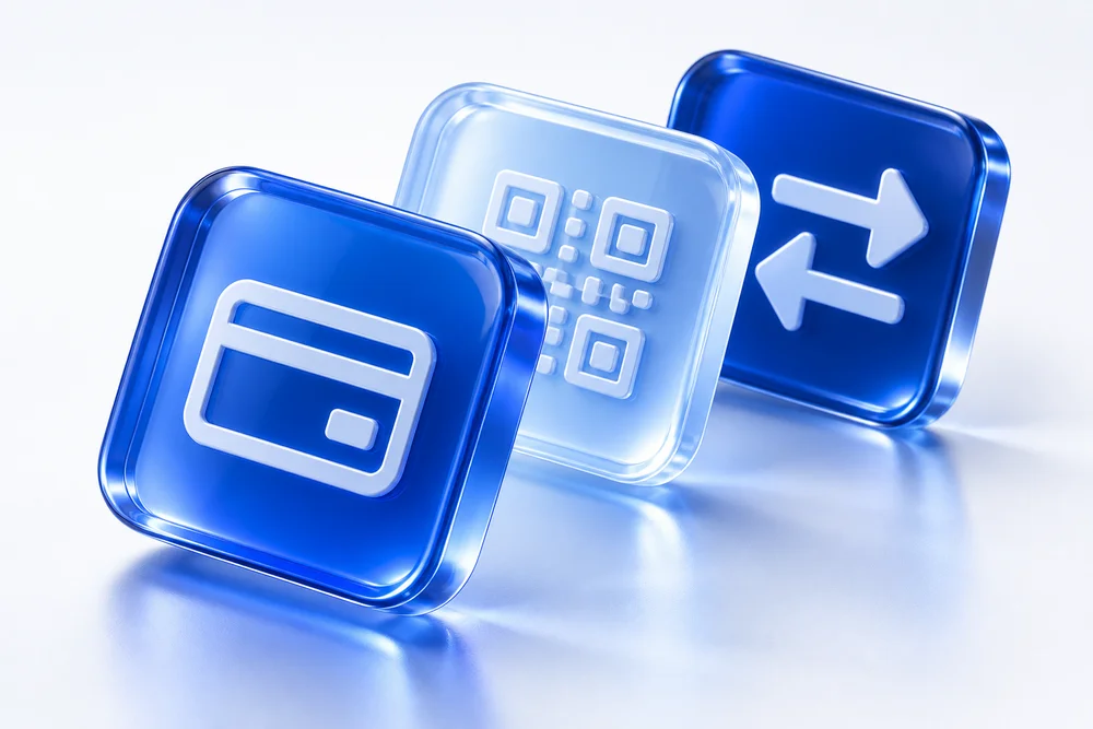 Ícones tridimensionais de cartão, QR Code e transferências em vidro azul